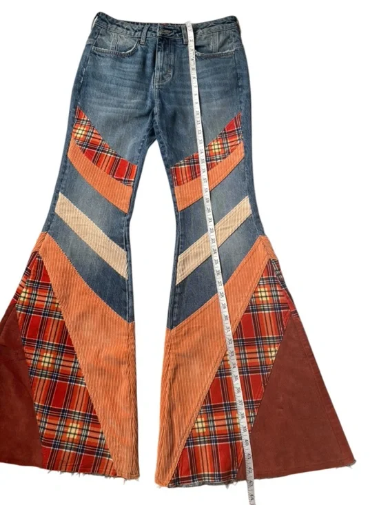 Free People We The Free Flashback Patchwork Plaid Corduroy Flare Jeans NWOT - Picture 6 of 9